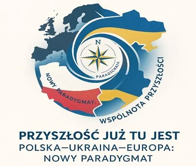 Grafika w abstrakcyjny sposób przedstawiająca wspólnotę krajów Polski i Ukrainy. Znajduje się na niej hasło: Przyszłość już to jest Polska-Ukraina-Europa: Nowy paradygmat.