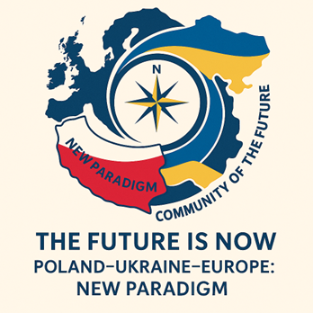 An abstract graphic depicting the community of Poland and Ukraine. It features the slogan: “The future is already here: Poland–Ukraine–Europe: A new paradigm.”
